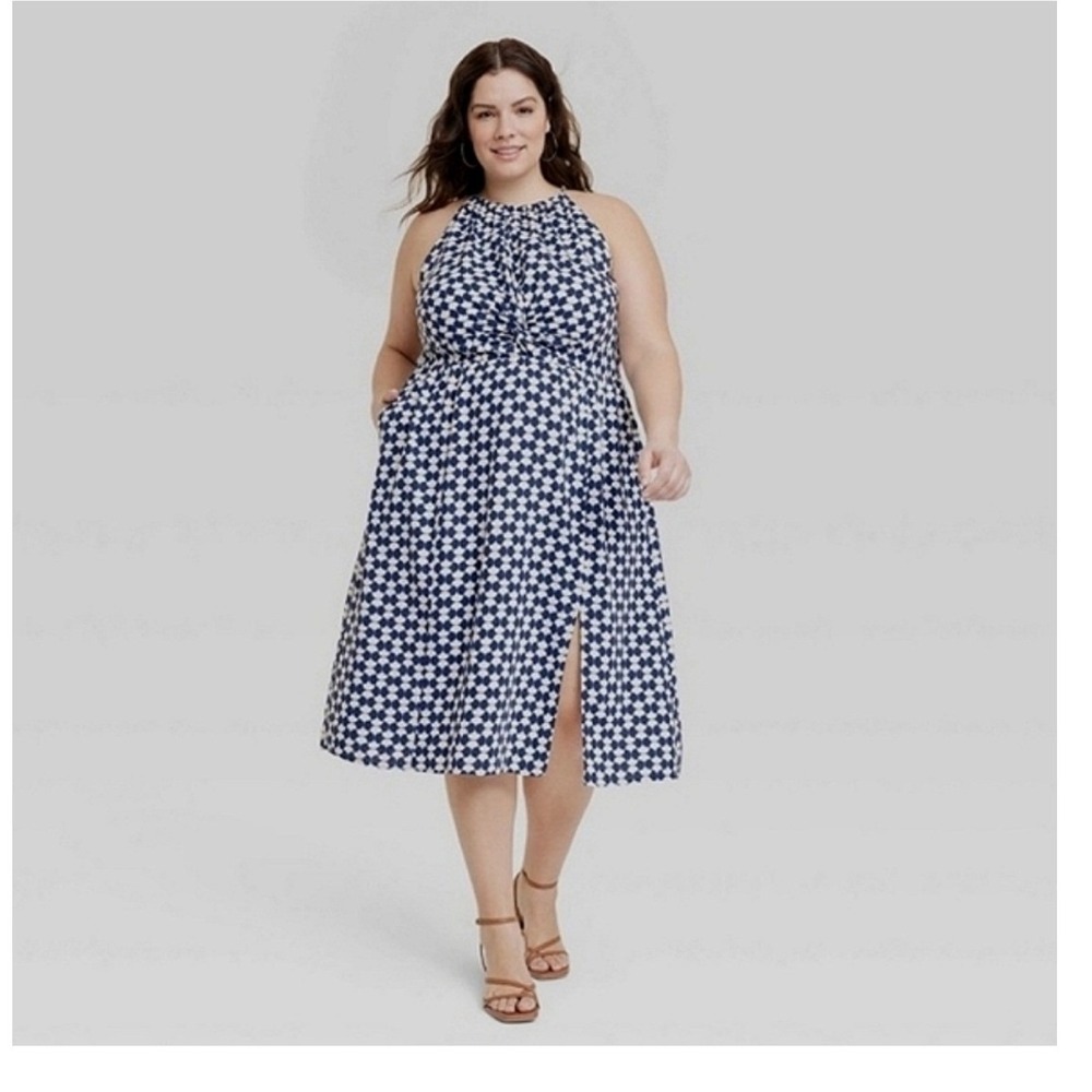 Ava & Viv Midi Dress Women 1X Blue Geometric Linen Blend Halter Twist Front